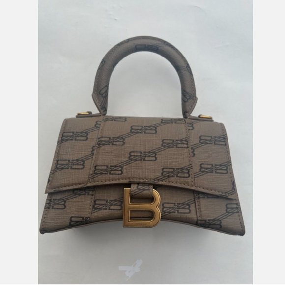 BALENCIAGA EXTRA SMALL HOURGLASS LICENSE LOGO CANVAS TOP HANDLE BAG in BEIGE - Picture 8 of 13